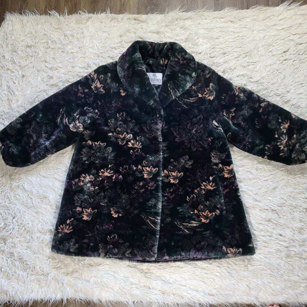 Vintage Monterey Fashions Faux Fur Black Leaf Swing Coat Jacket Medium